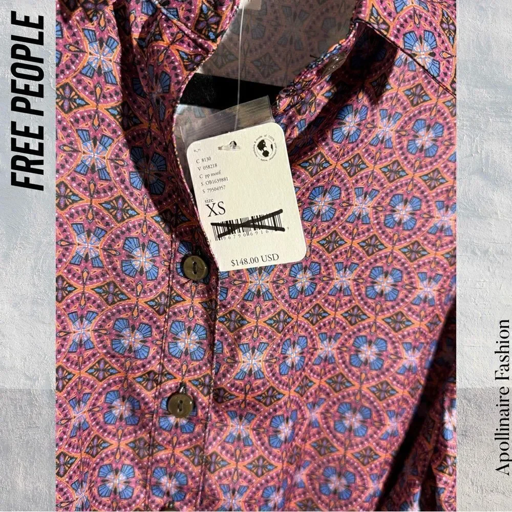FREE PEOPLE SILKY RILLO SHIRTDRESS PLUM PURPLE COMBO NWT XS - Picture 5 of 6